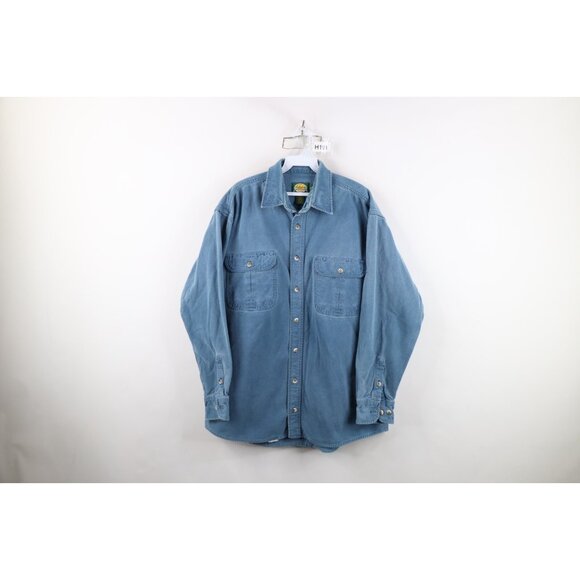 Vintage 90s Cabelas Mens Large Tall Distressed Chamois Cloth Button Shirt Blue - Picture 1 of 12